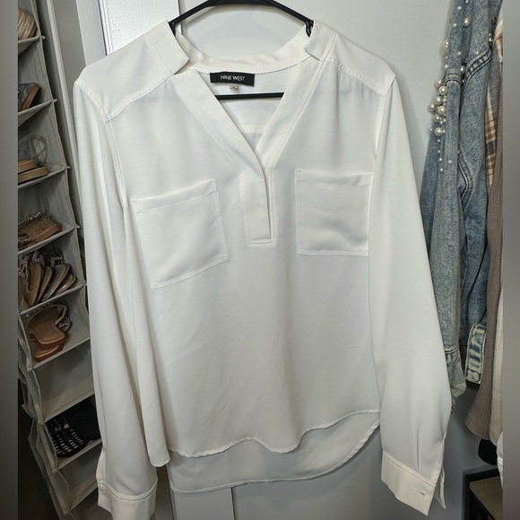 Nine West Tops - Nine West White Boxy Blouse with Mandarin Collar